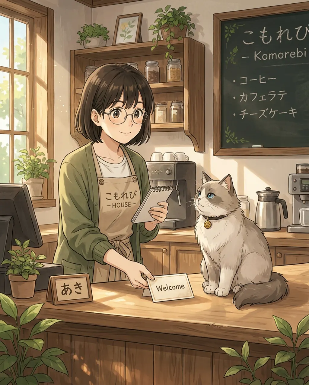 Aki stands in the middle of the brightly lit Komorebi House café, smiling kindly with one hand raised in a welcoming gesture.