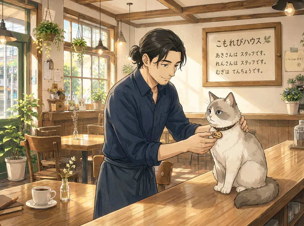 In a quiet corner of the café, Haru discreetly changes a name tag on a staff board mounted on the wall. A cat, Mugi, sleeps peacefully in a basket below.