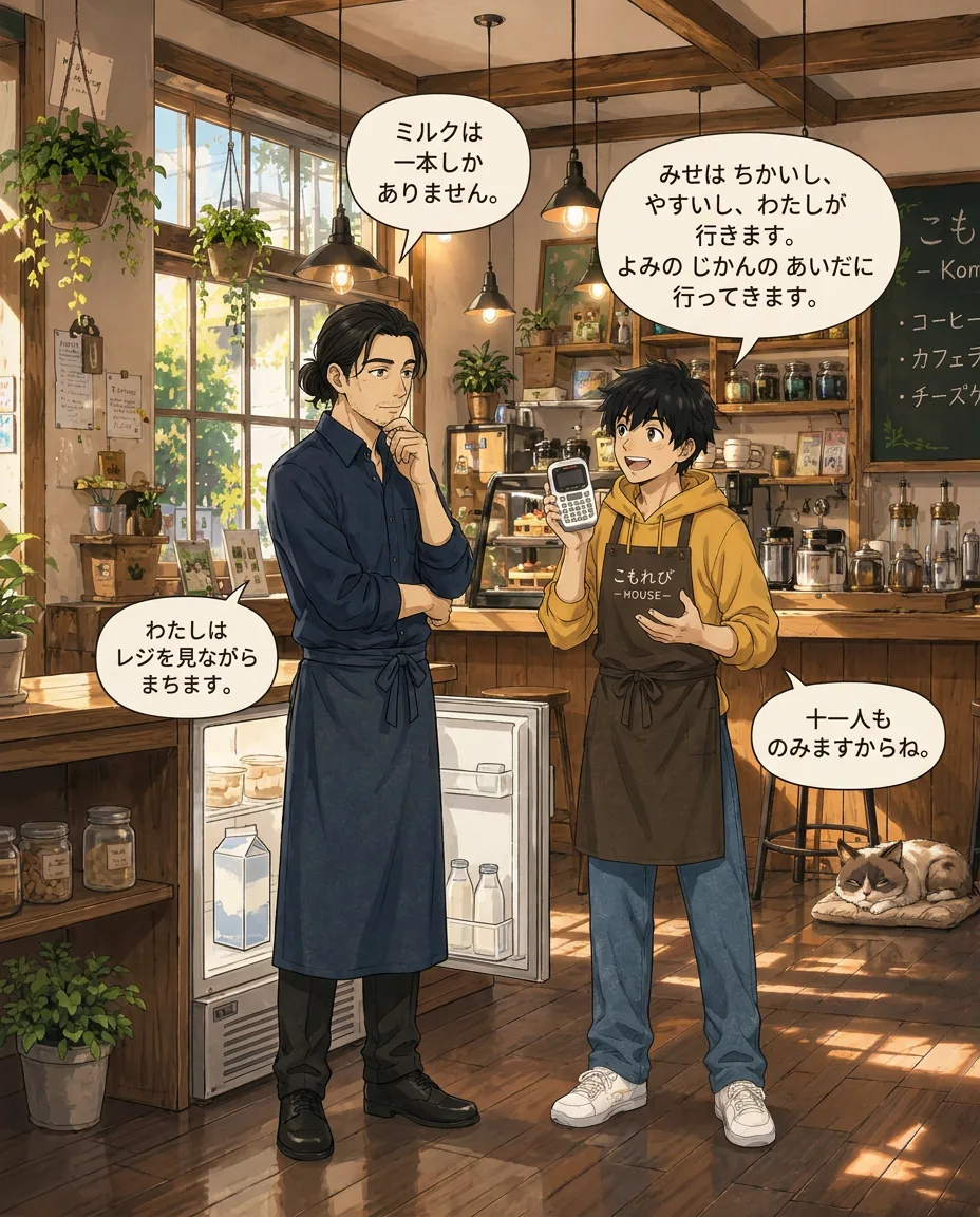 Haru holds up an empty milk carton with a panicked expression, while Ren quickly puts on his jacket.