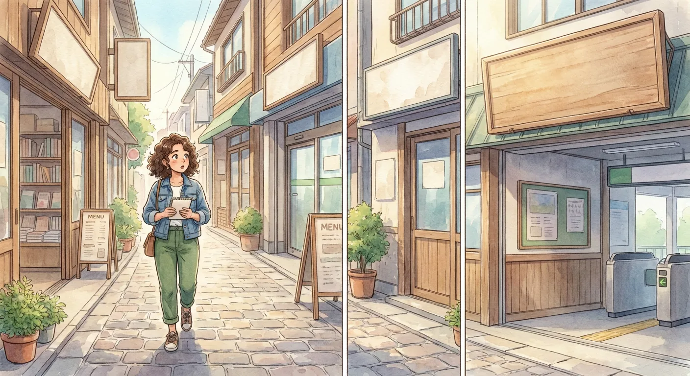 Maya stands on the street outside the Komorebi House café, looking up at a street sign.