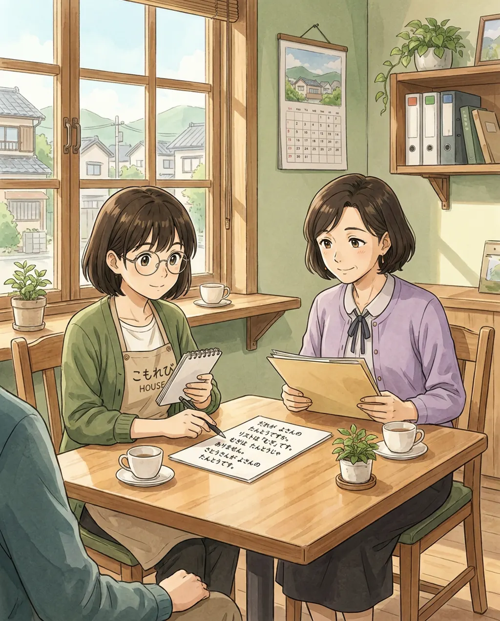 Illustration of Sato's office: Fumiko Sato and Aki Mori, seen over your shoulder. Sato asks for one clean team profile before approving the initial plan.