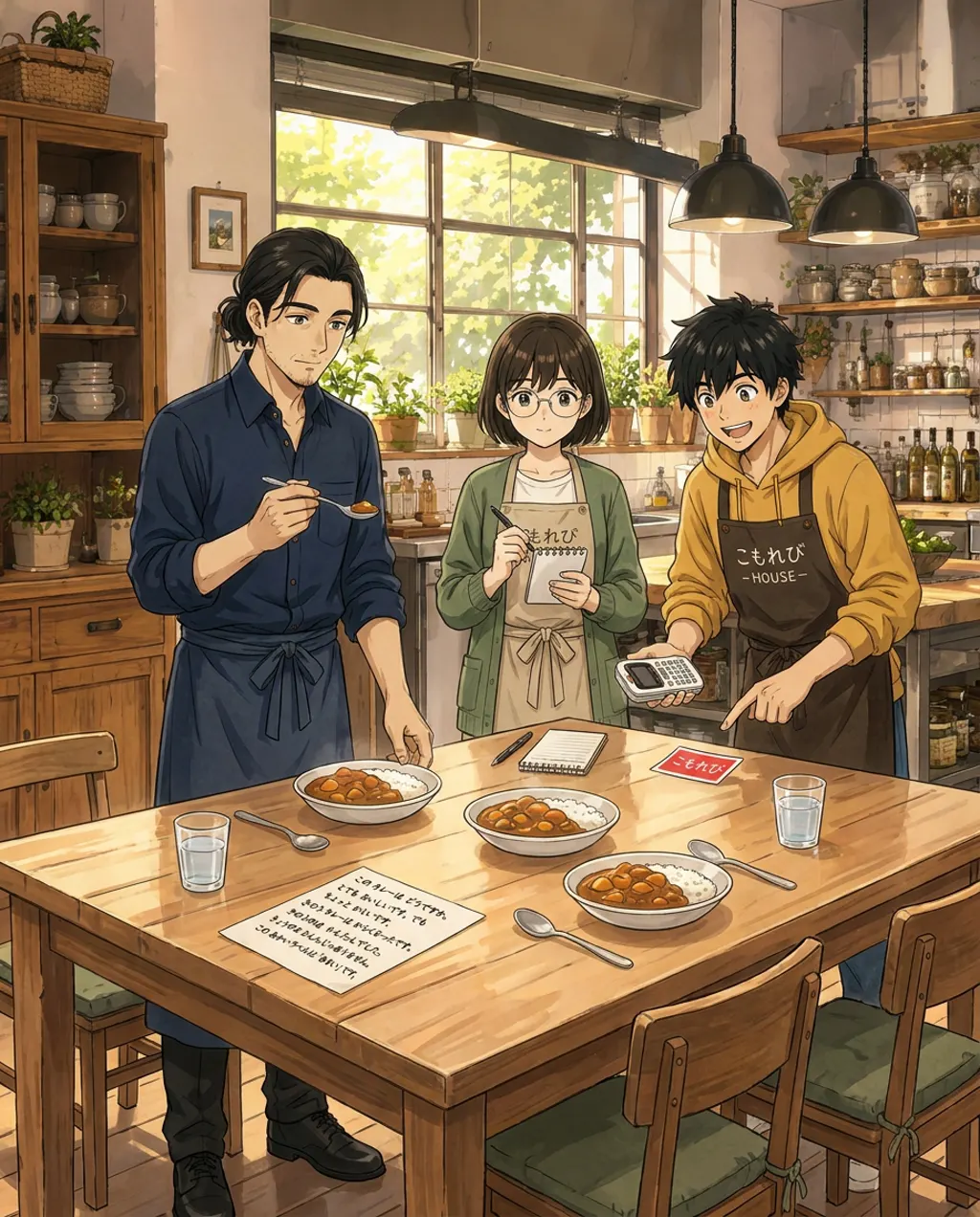 Illustration of the kitchen at Komorebi House: Haru Kondo and Aki Mori and Ren Nakamura. Haru tests three versions of the curry.