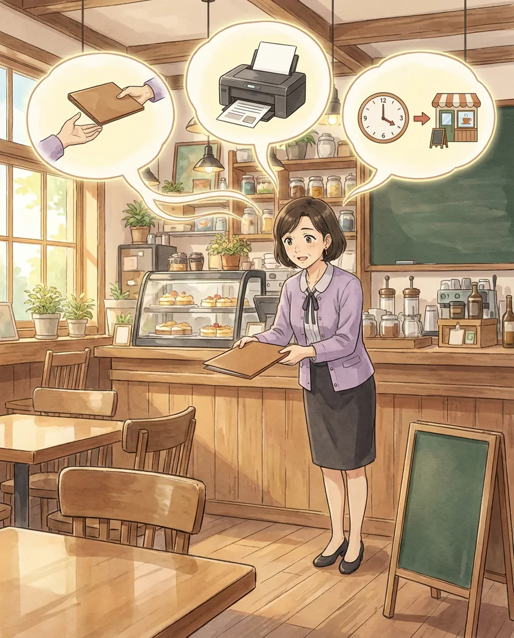 Illustration of Komorebi House café: Fumiko Sato. Sato asks for three things in one breath — take this, print that, come back by four — and the three requests arrive joined together.