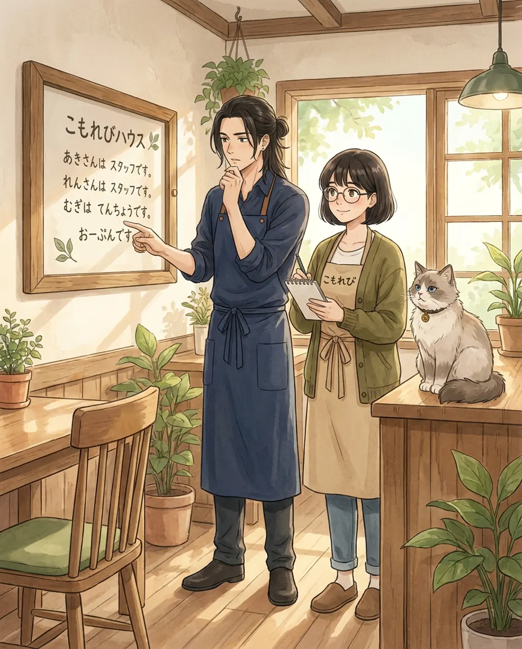Illustration of the staff board at Komorebi House: Haru studies the rota with Aki beside him and Mugi sitting on the counter.