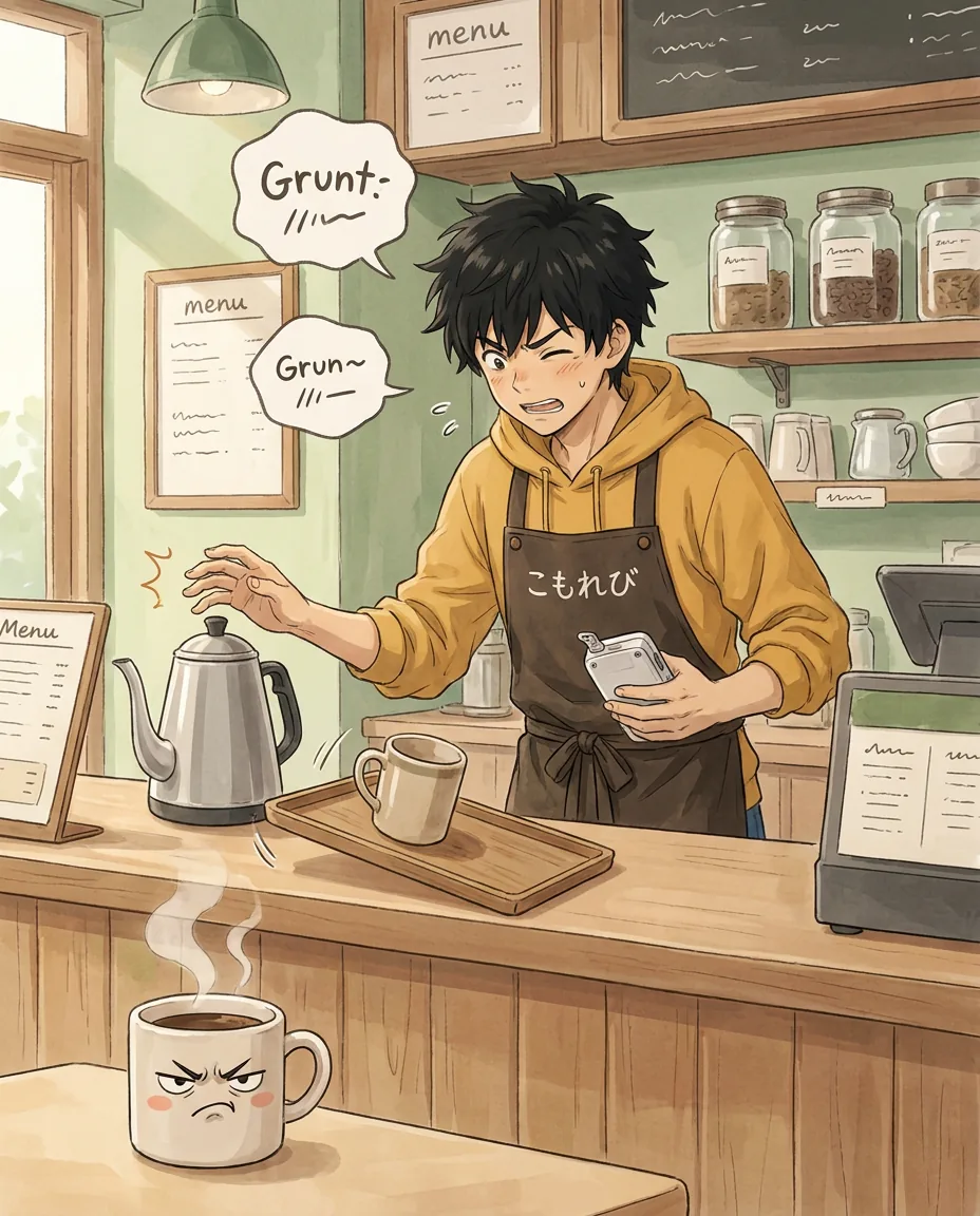 Ren yelps and quickly pulls his hand back from a hot coffee pot, shaking it with a pained expression.