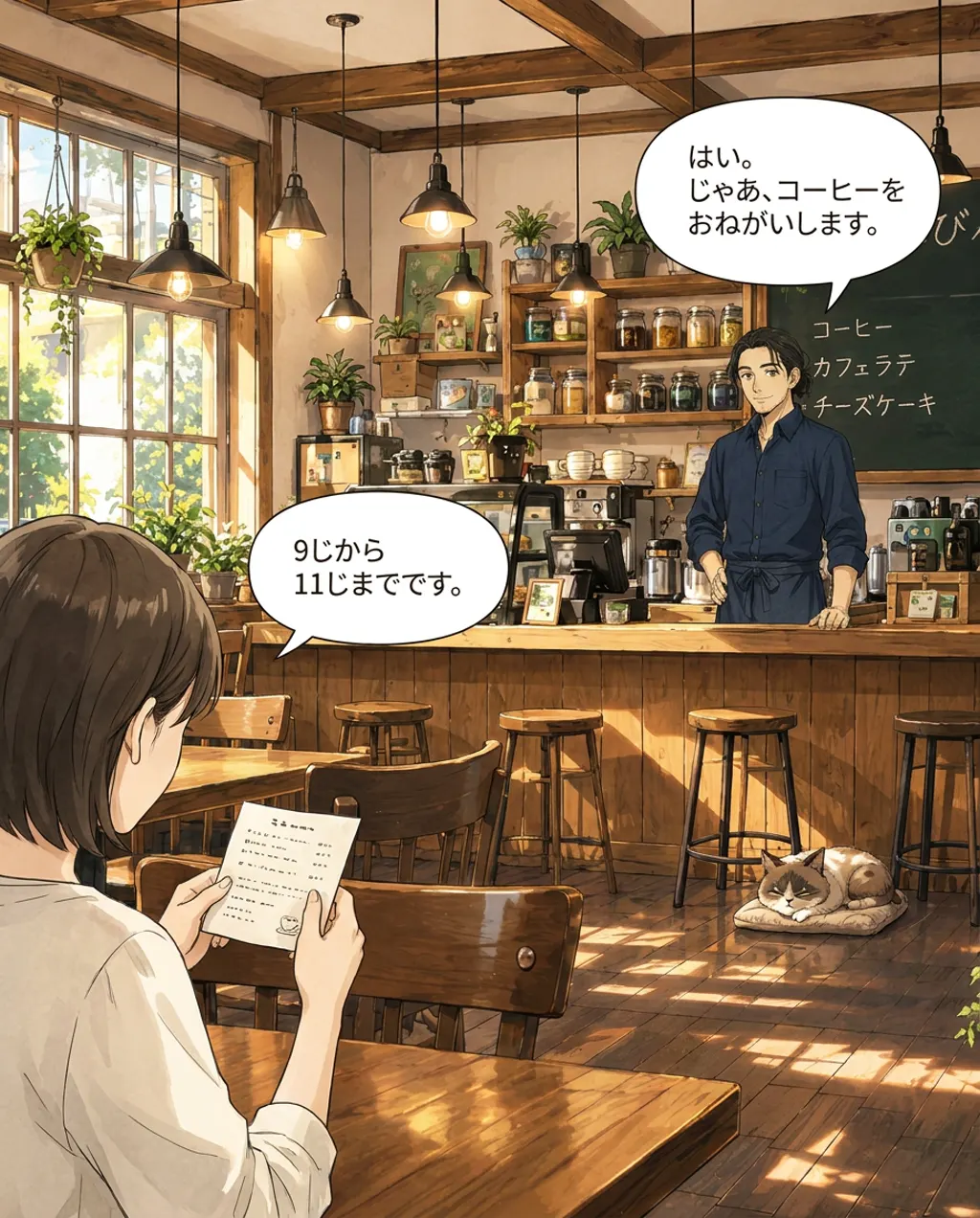 Seen over your shoulder, Haru stands in the café kitchen, pausing his baking to talk to you.