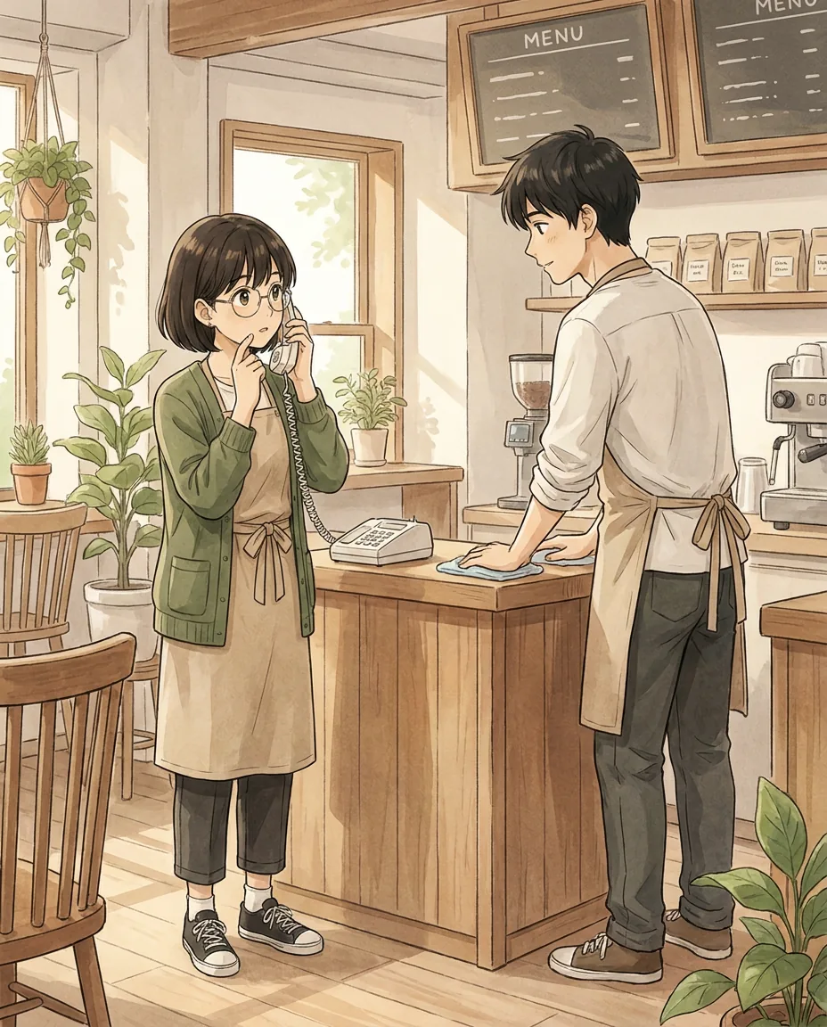 Aki sits at a café table with a gentle smile, looking at a framed photograph she is holding.