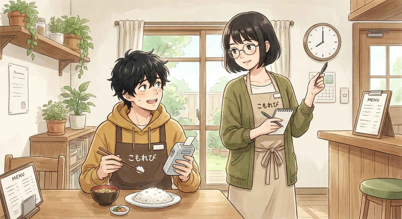 Ren stands by a table in the Komorebi House café, carefully arranging a cup and saucer.