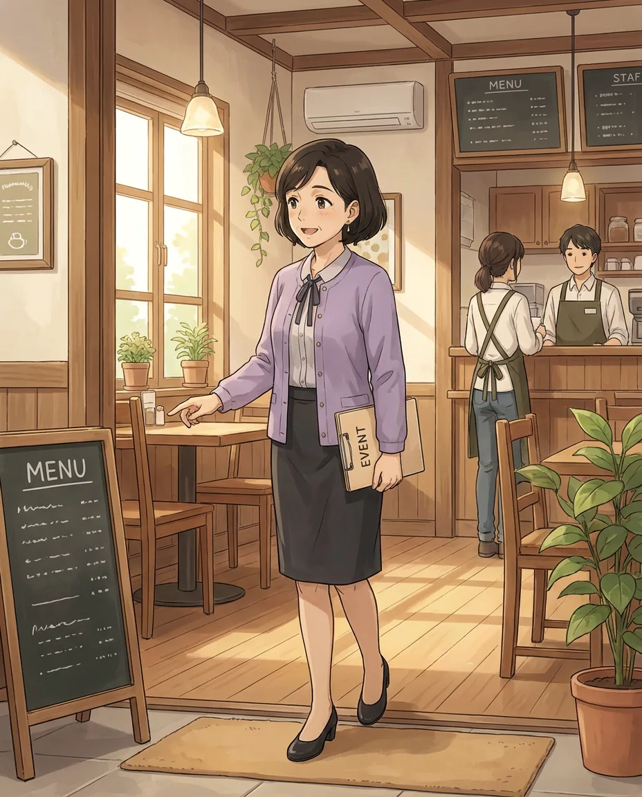 Mr. Sato smiles as he points to a location on a large, illustrated map of the town spread across his table.