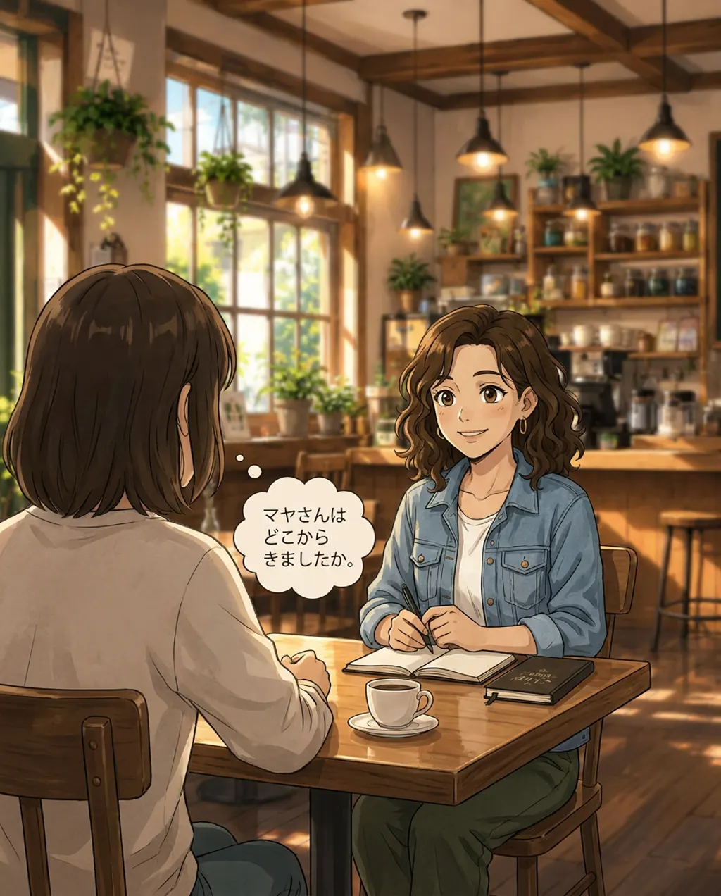 Seen over your shoulder, Maya stands at the busy west exit of the train station and looks directly at you.