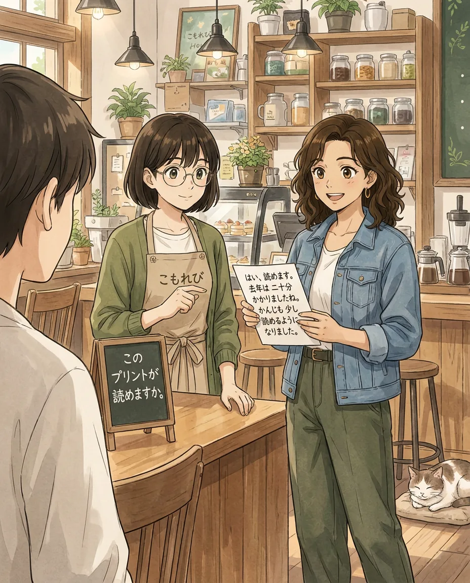 Seen over your shoulder, you are looking at a page of Japanese text, while Aki and Maya welcome newcomers in the background.