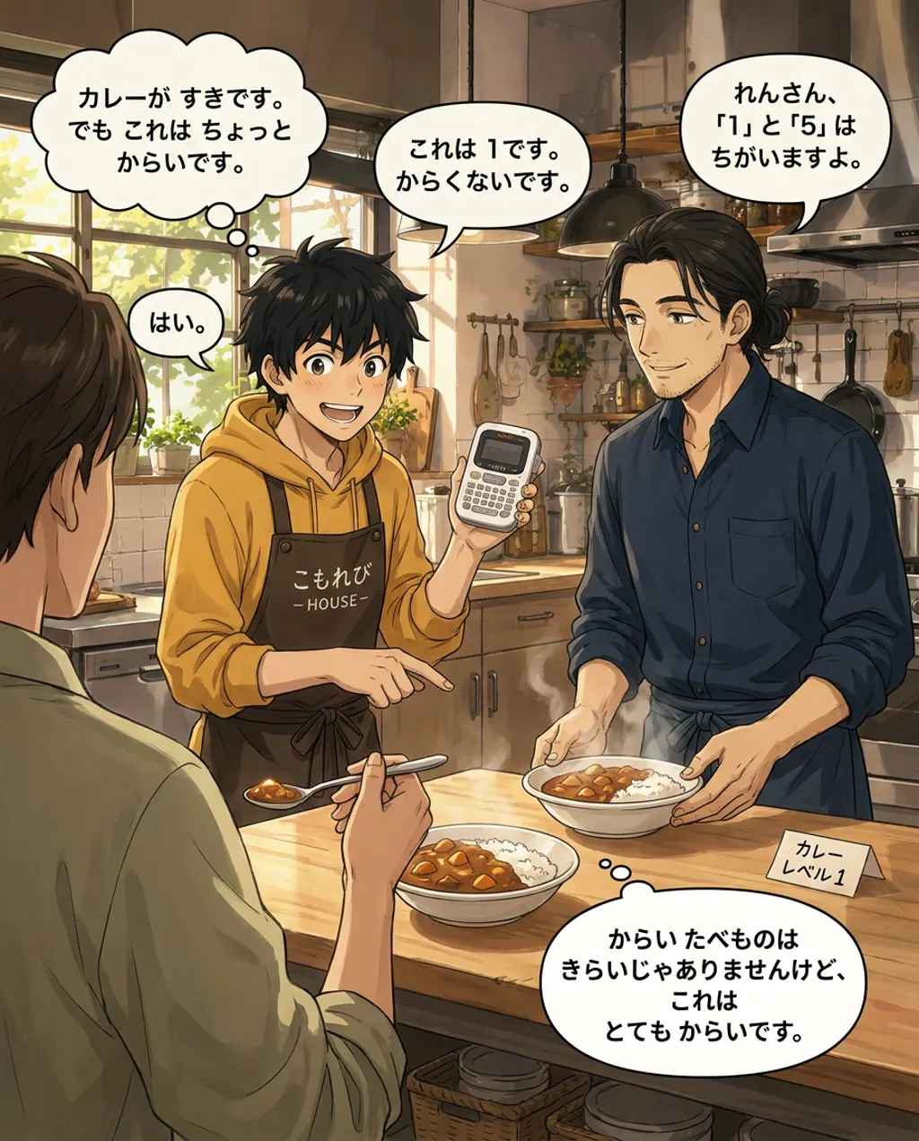 Illustration of the kitchen at Komorebi House: Ren Nakamura and Haru Kondo, seen over your shoulder. The learner tastes the curry Ren insists is spice level one.