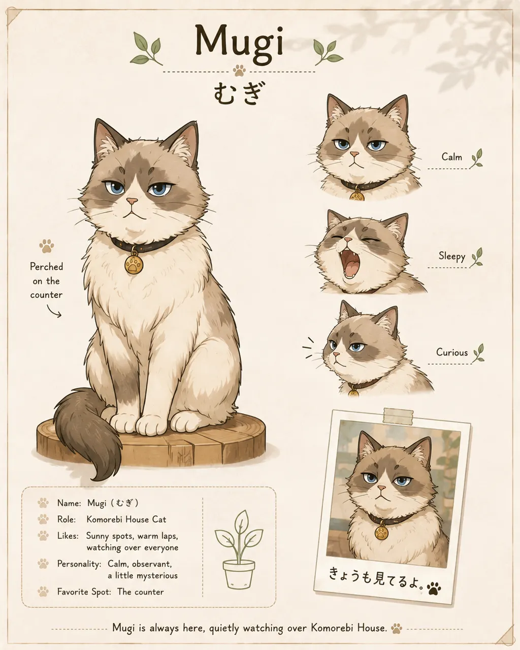 Mugi — a long-haired grey-and-cream cat with a round collar tag, usually unimpressed.