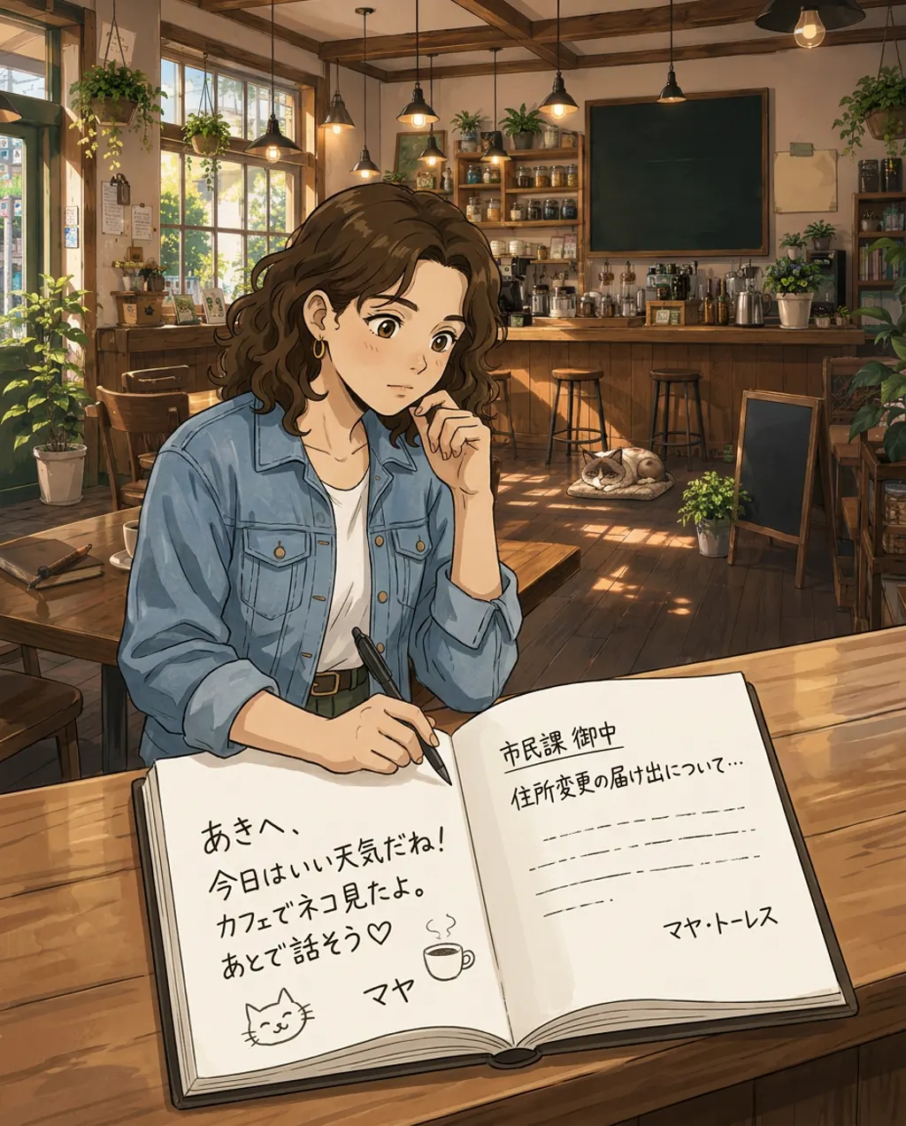 Illustration of Komorebi House café: Maya Torres. Maya's notebook is open on the counter. The left page is how she writes to friends; the right page is how she writes to the city office.