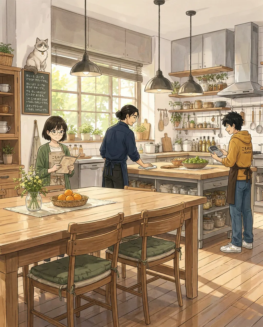 Illustration of the kitchen at Komorebi House: Aki Mori and Haru Kondo and Ren Nakamura. One curry, one drink and one children's activity must be chosen within budget.