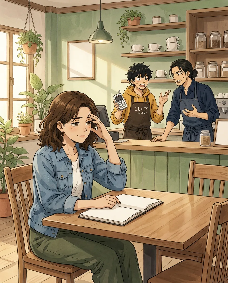 Maya sits at a table with Ren and Haru, pointing to something on her laptop screen as they all look on with interest.