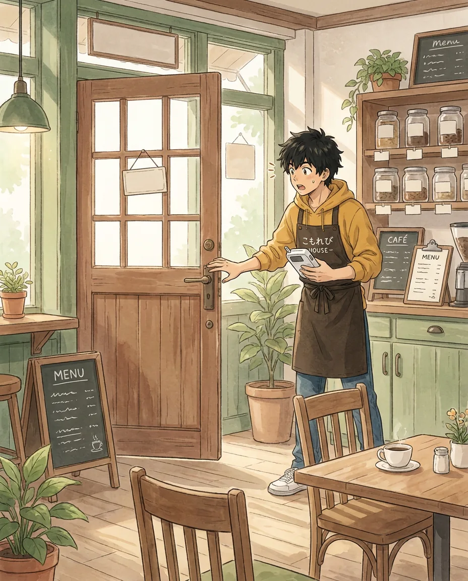 Ren looks with wide-eyed surprise at a fallen, shattered vase on the floor of the café.