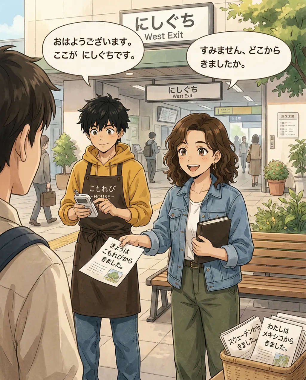 Seen over your shoulder, Maya and Ren stand at the west exit of the train station holding stacks of flyers.