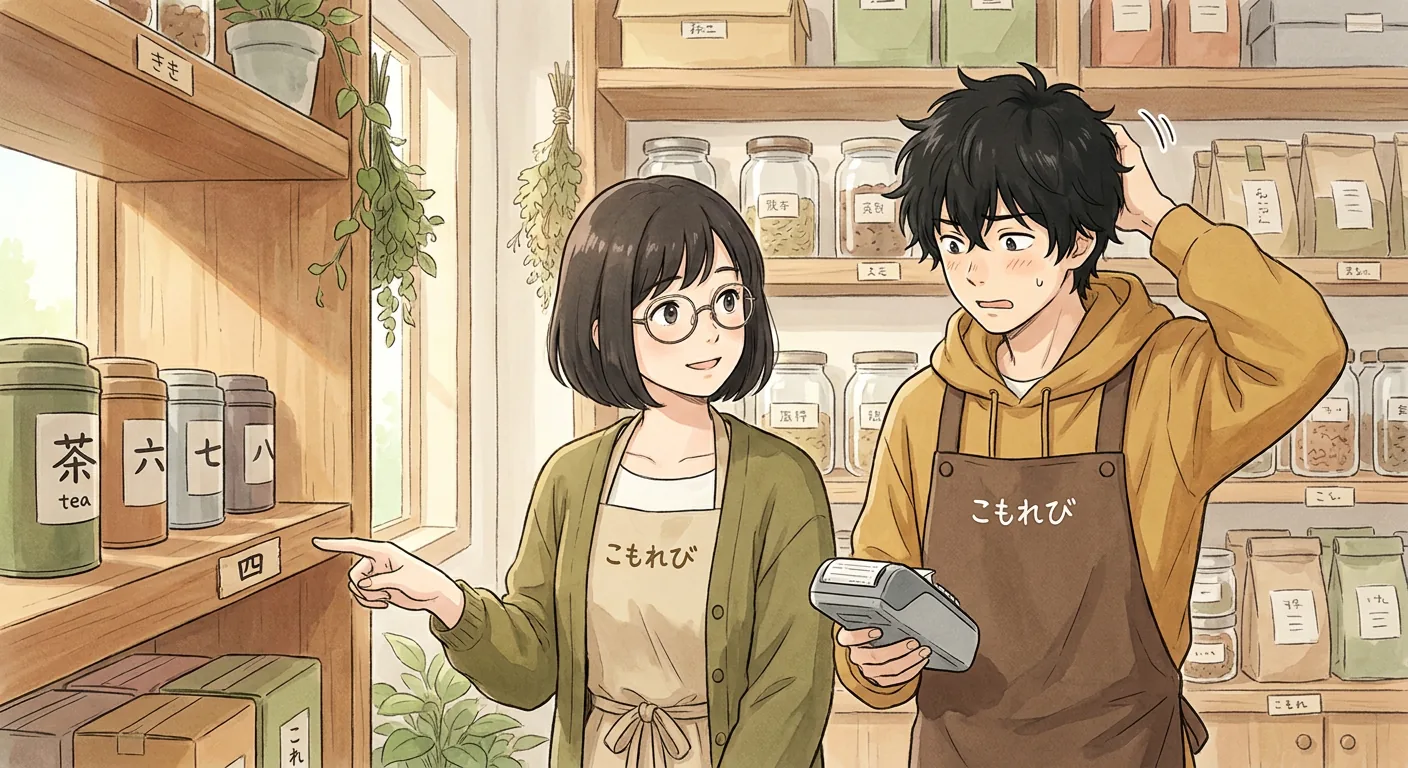 Aki stands at the counter in the warmly lit Komorebi House café, holding up her phone as if showing it to someone.