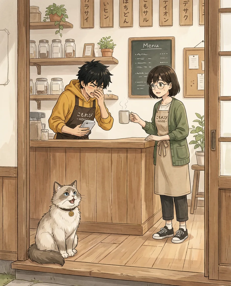 Ren towels off a damp Mugi at the entrance to the café, as if they have just come in from the rain.