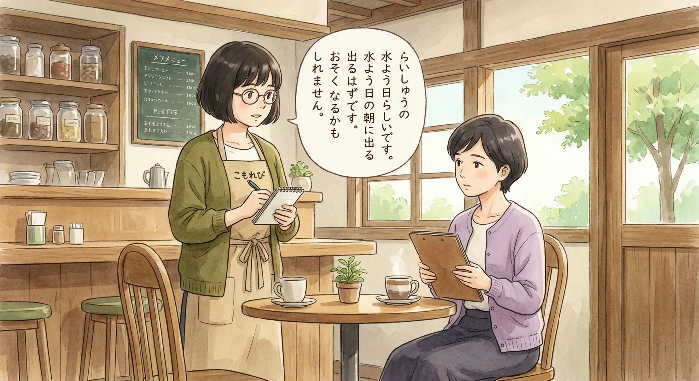 Aki and Sato are having a lively debate in the café, with Aki holding up a few fingers to make a point.