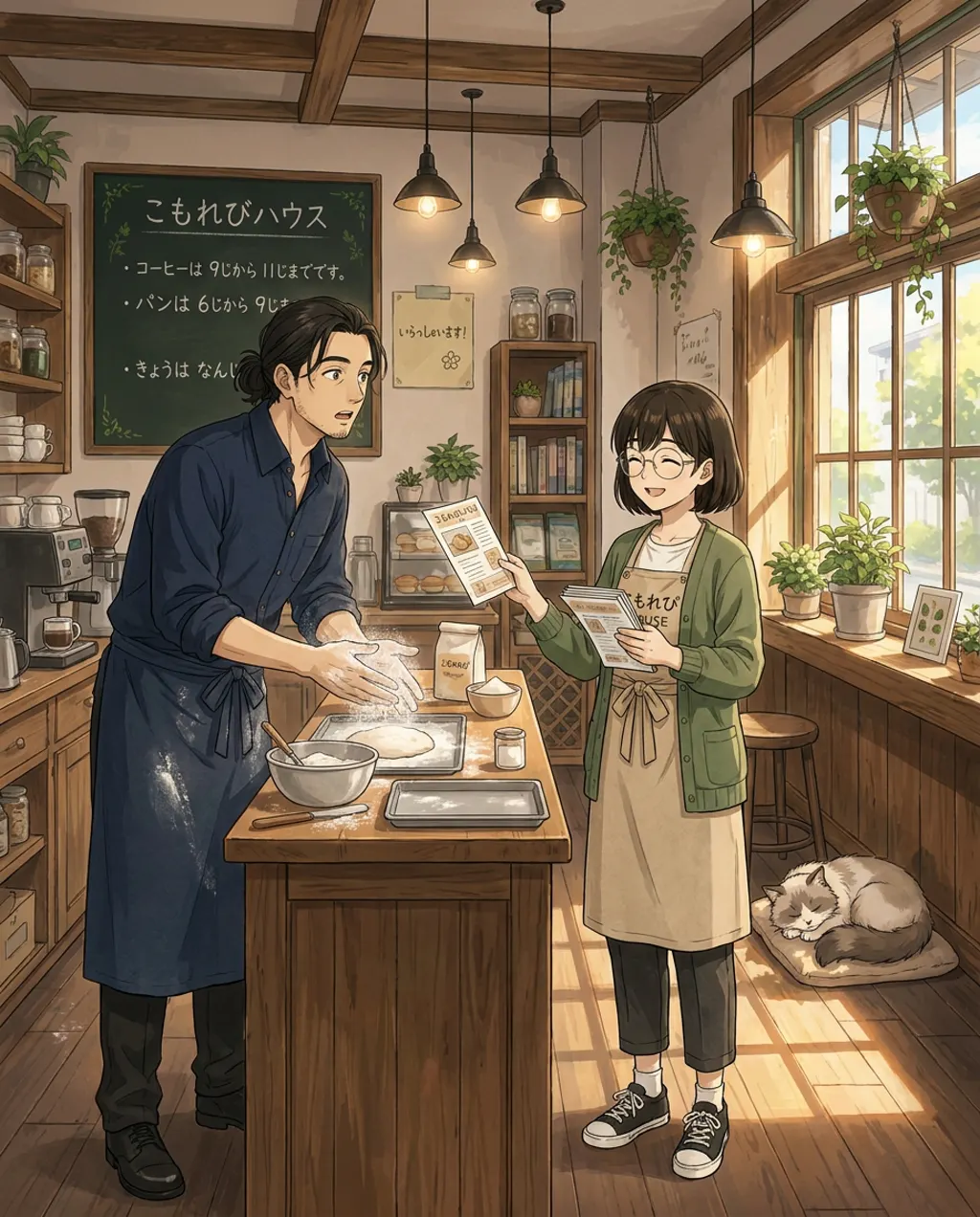 In the warm morning light of a small café kitchen, Haru is busy baking while Aki stands nearby.