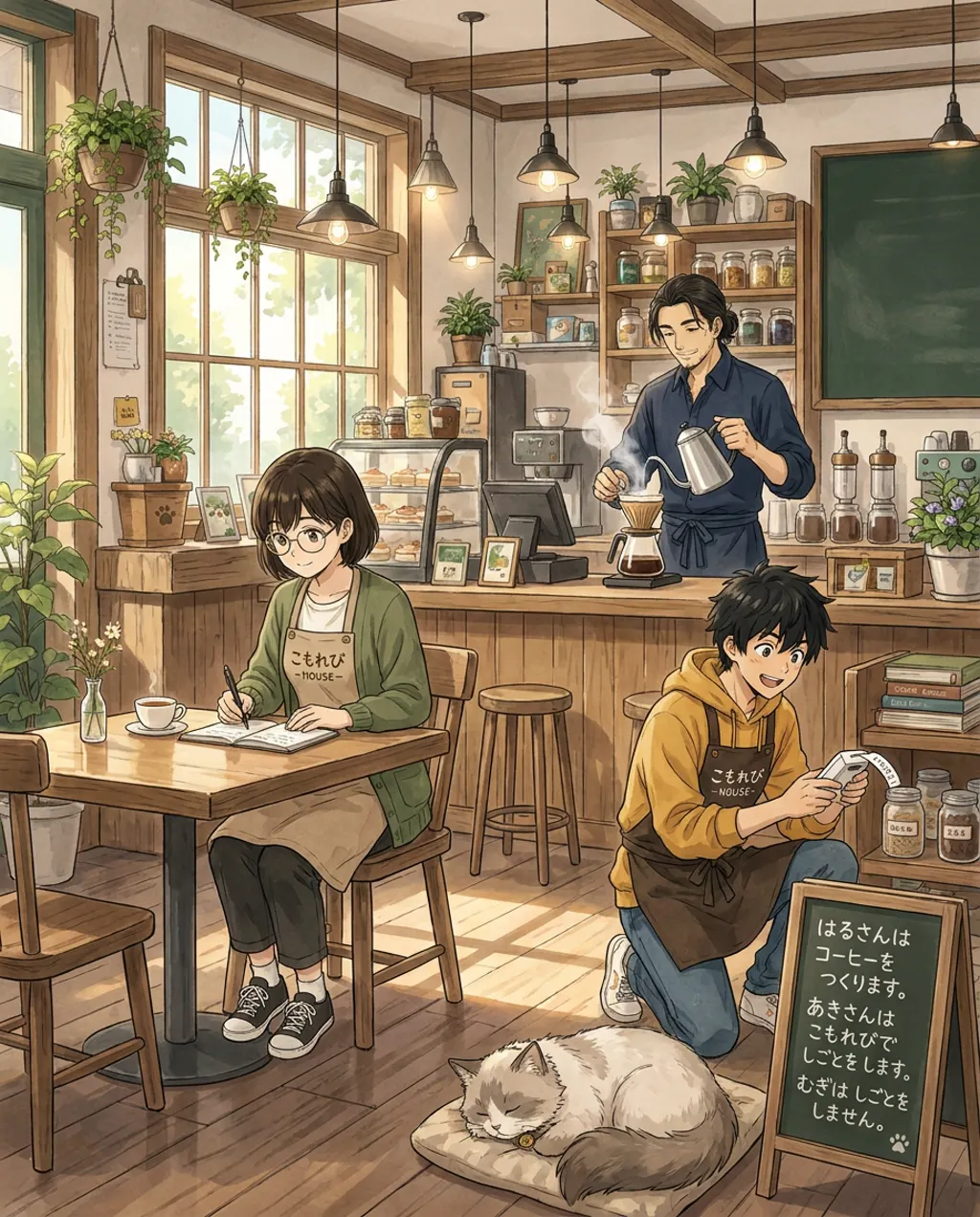 In the bright morning light of the café, Haru carefully prepares pour-over coffee, while Ren cleans the counter in the background.