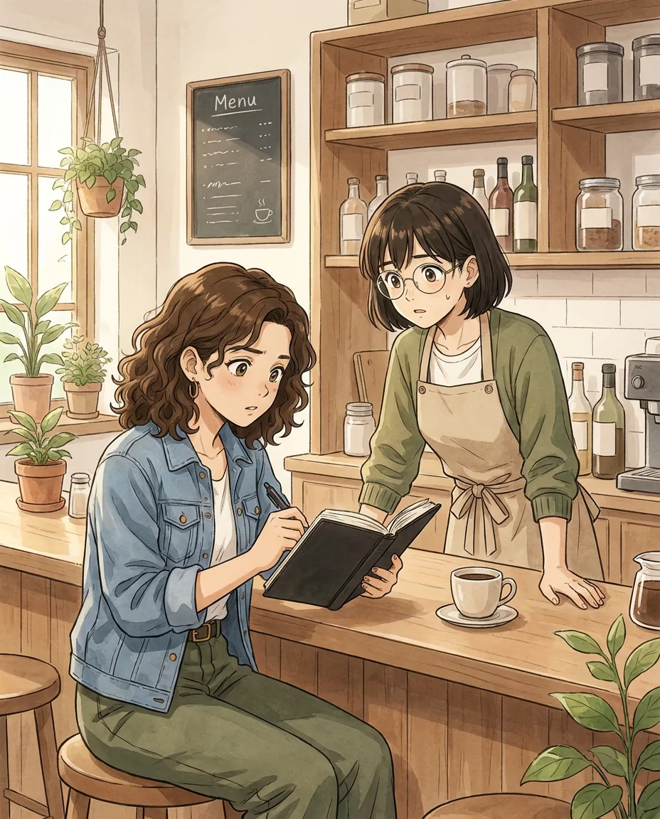 Maya's face lights up with a smile of sudden understanding as she looks at her open textbook in the café.