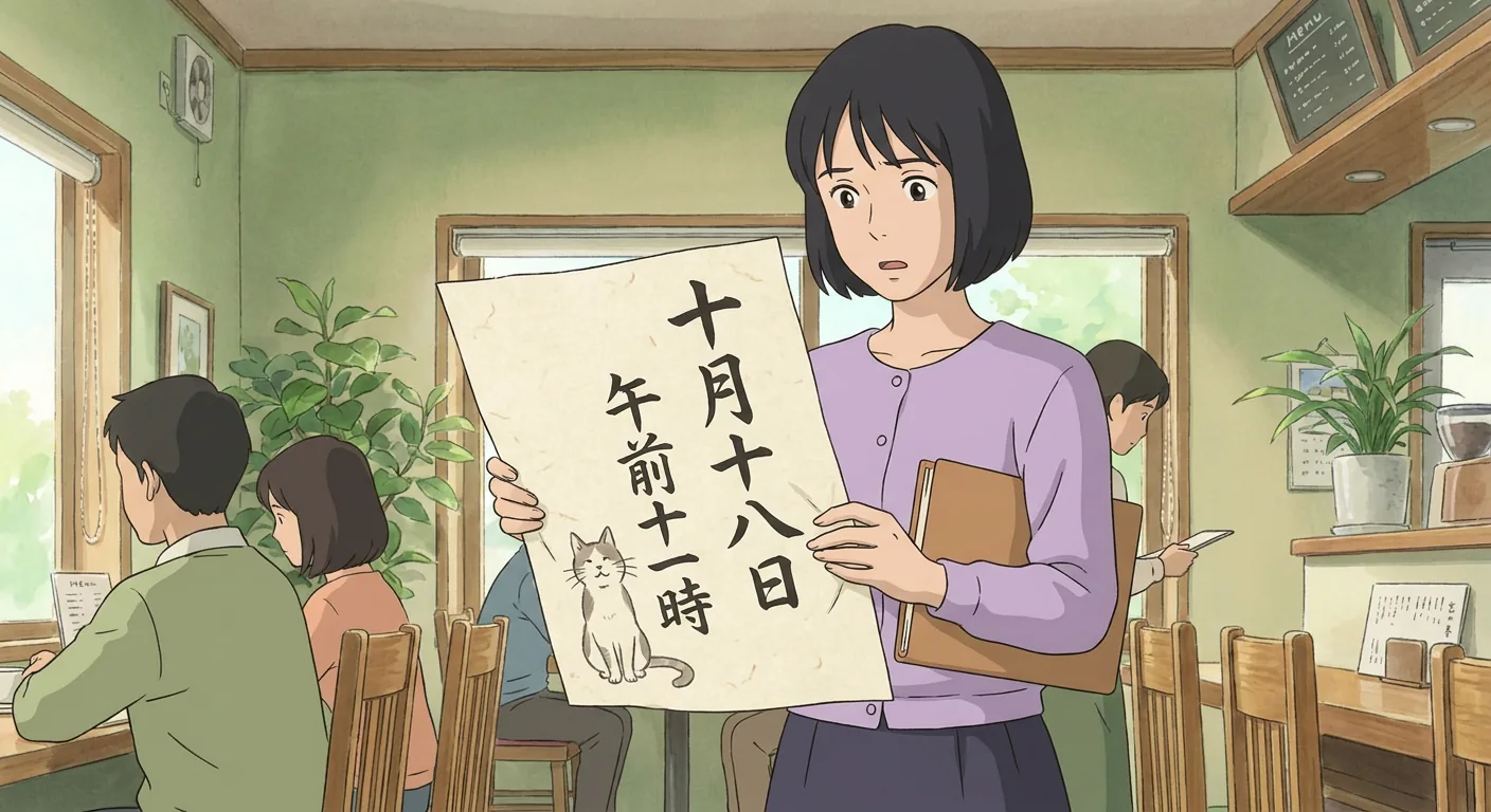 Sato stands inside the Komorebi House café, looking up at a clock on the wall with a concerned expression.