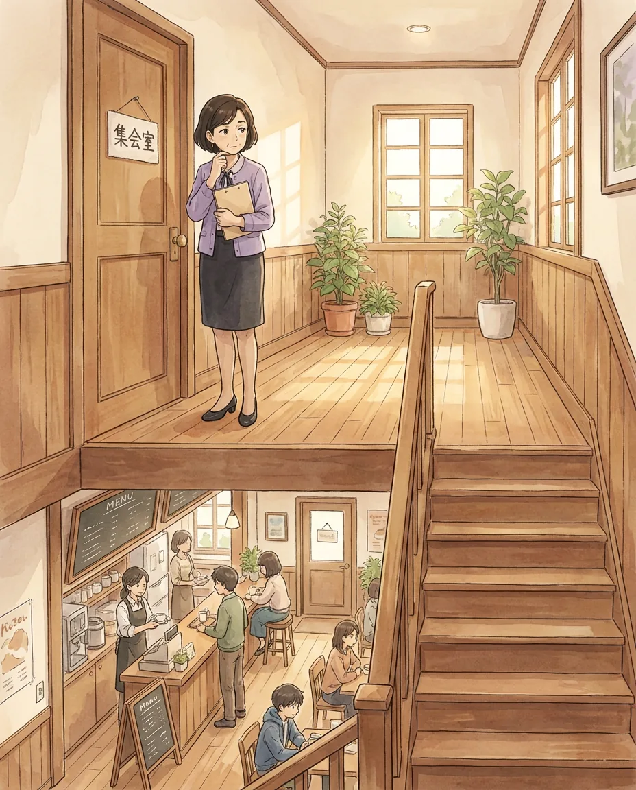 Sato sits comfortably in an armchair in a quiet corner of the café, reading a newspaper.