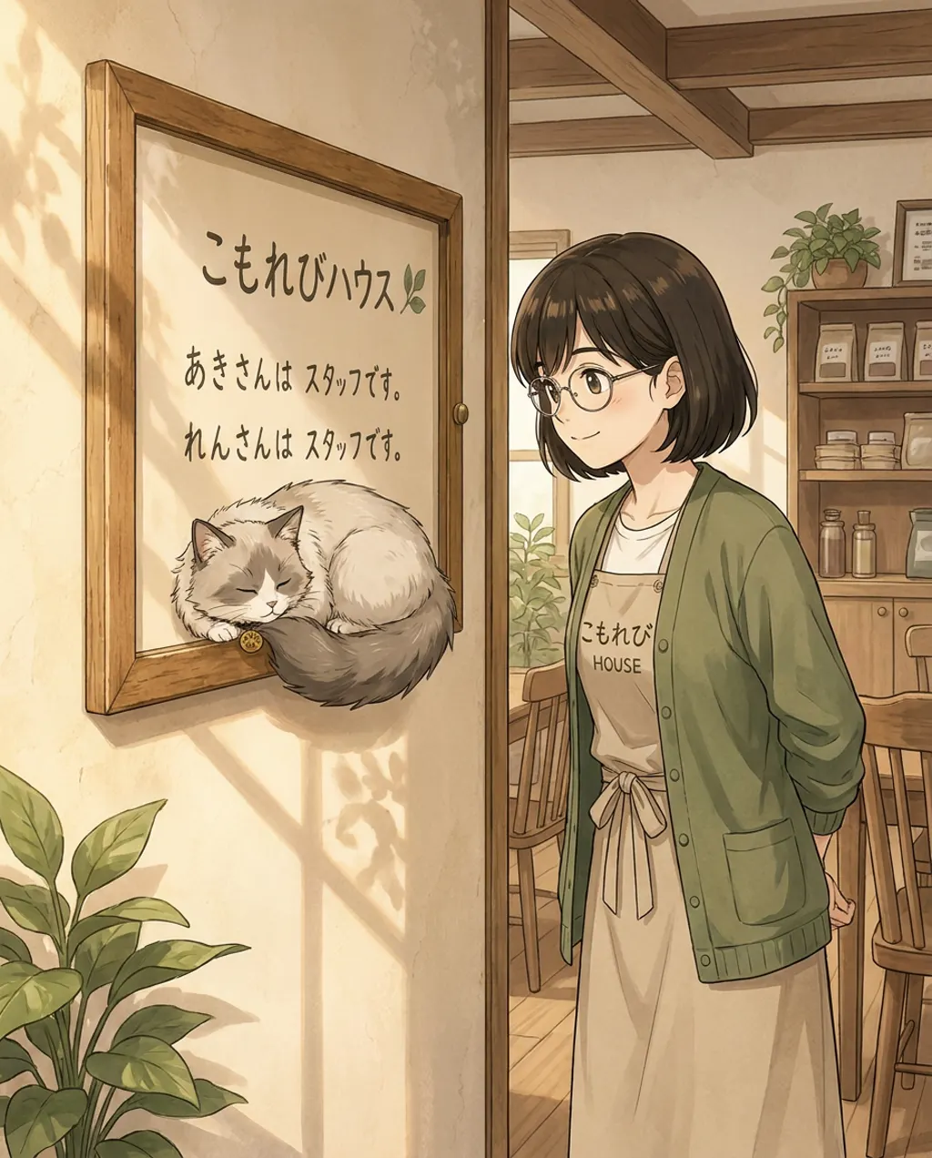 Illustration of the staff board at Komorebi House: Aki Mori. The chart on the staff board is complete except for the last short row, because Mugi is asleep on exactly that part of it.