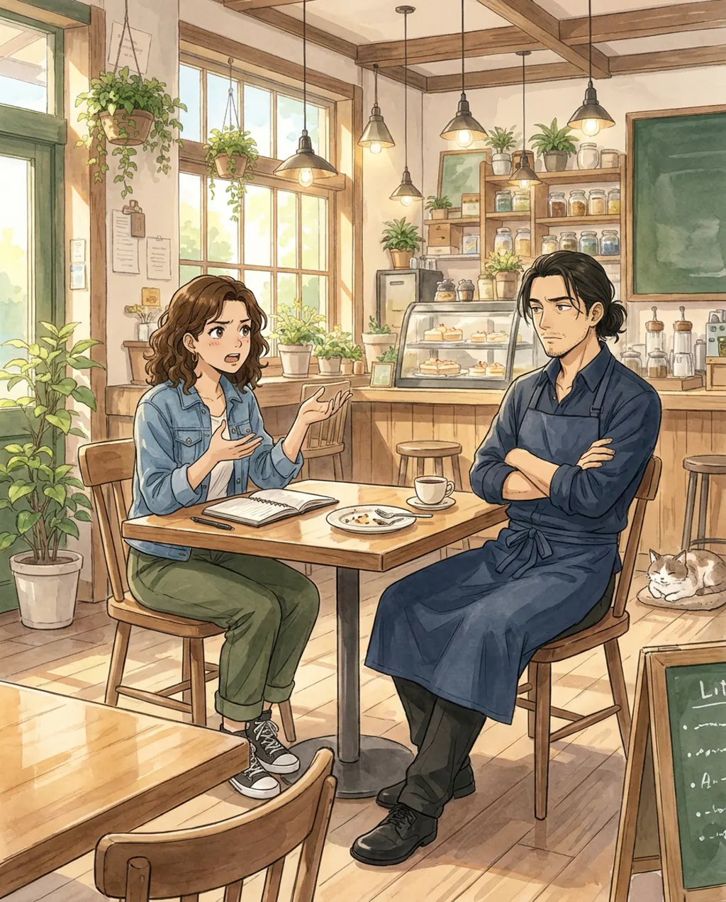 Illustration of Komorebi House café: Maya Torres and Haru Kondo. Haru and Maya have tried the new cake and cannot agree on a single adjective for it. The plate between them is already empty.