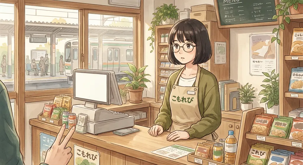 At a brightly lit convenience store counter, Aki works as the clerk, looking expectantly at Ren who is holding up two fingers.