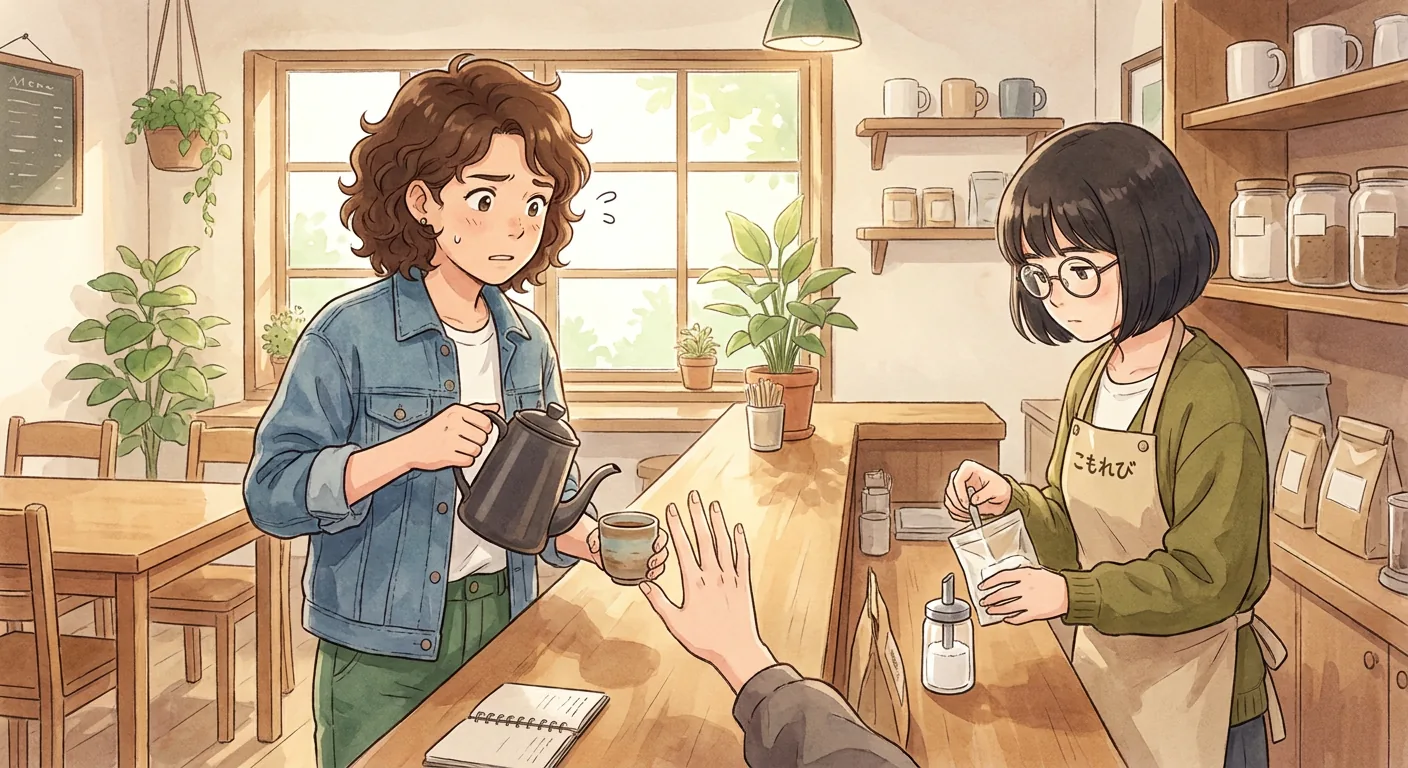 Aki is at the counter of the Komorebi House café, pointing to one of two cakes on display.
