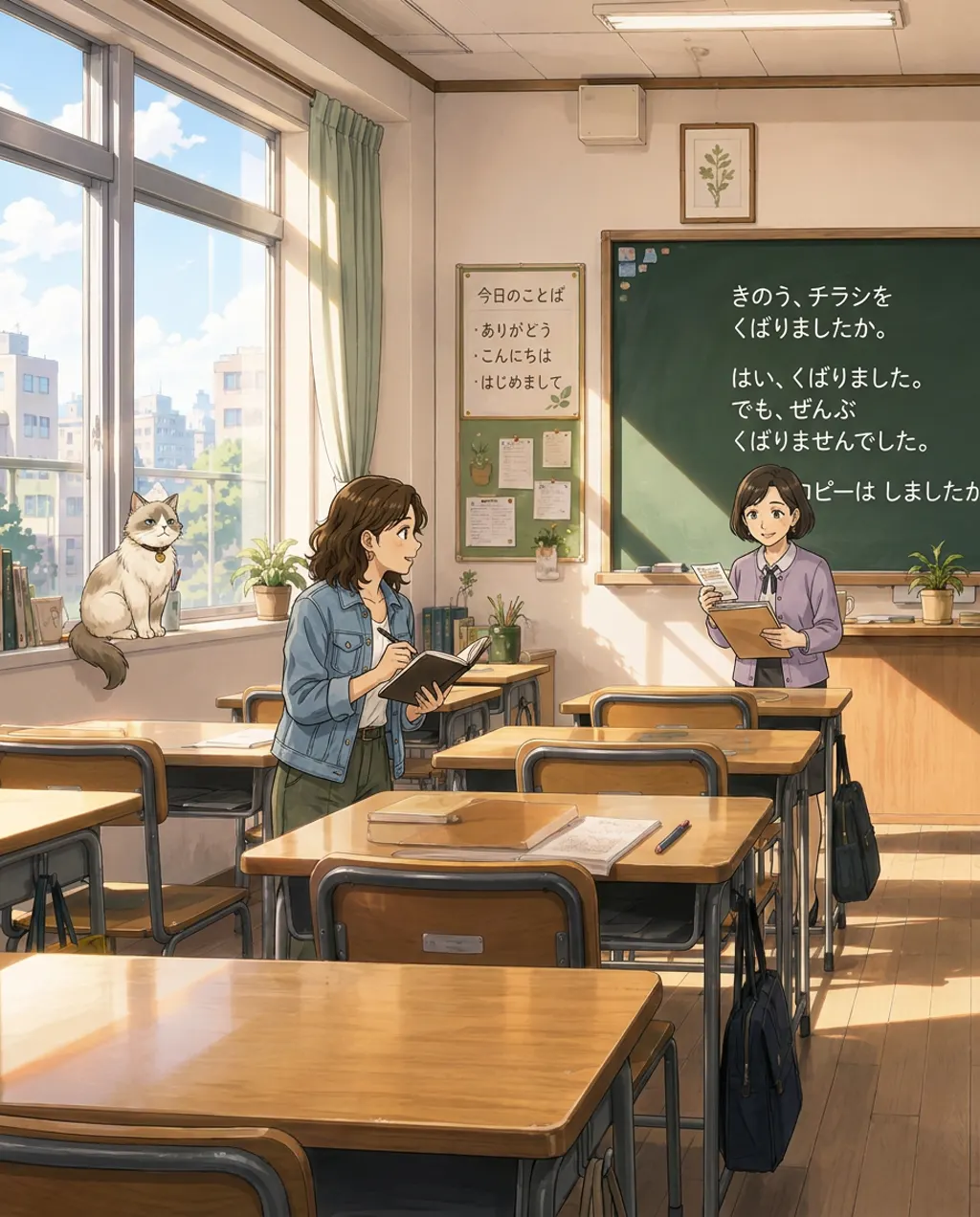 Illustration of the classroom: Sato stands by the blackboard with the flyer list while Maya answers from a desk, and a grey cat sits on the window ledge behind them.