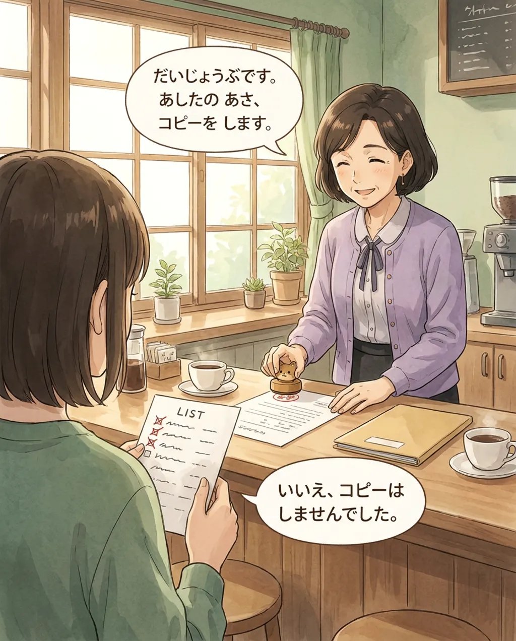 Illustration of the counter: Sato stamps the list while you admit, over your shoulder, that the copies were not made.