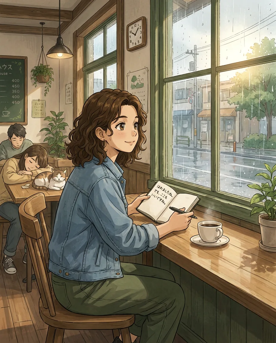 Maya sits comfortably in a chair holding a warm mug, as sunlight streams through the window behind her.