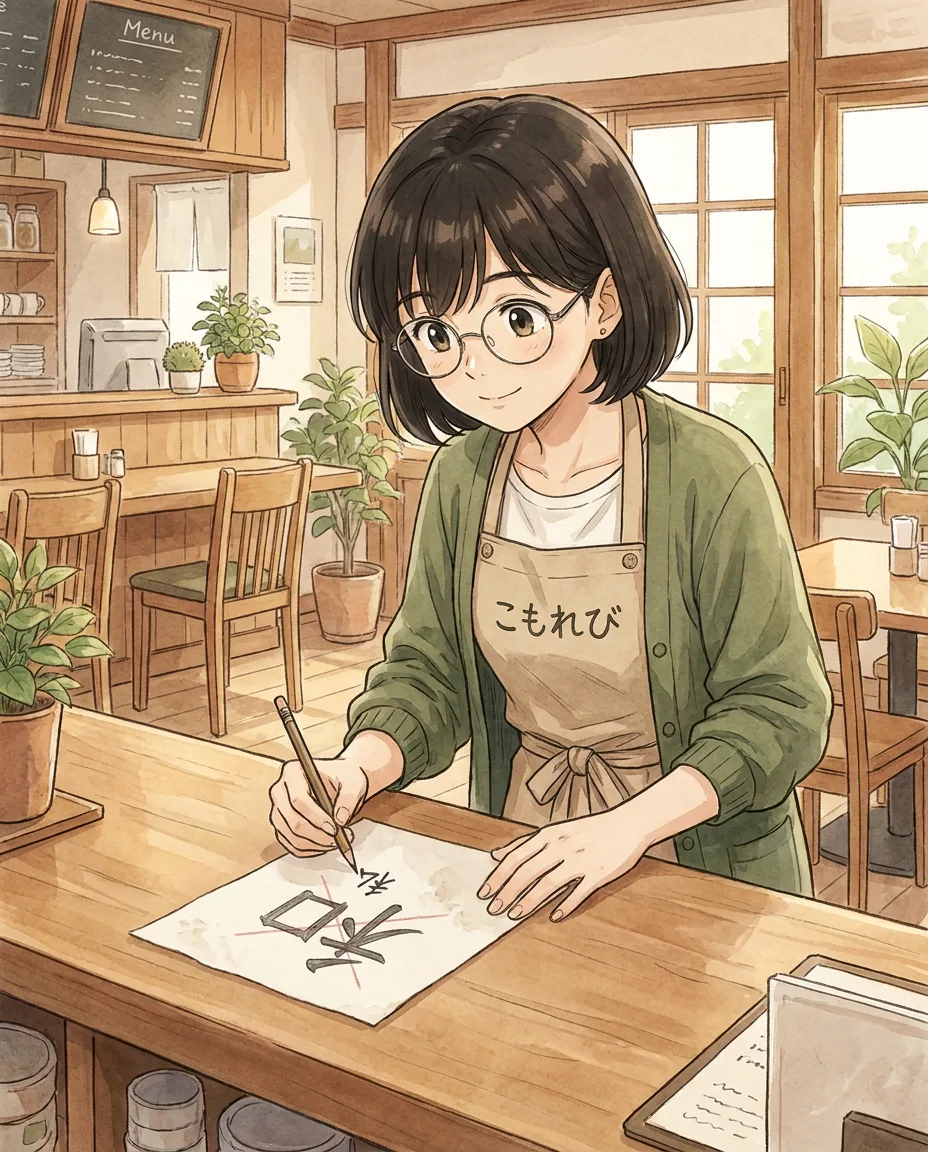 Aki stands behind the counter at Komorebi House, a cozy café. She's wearing an apron and smiling warmly.