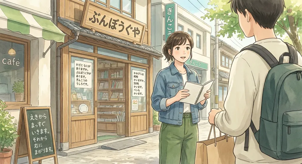 Illustration of the shopping street: Maya Torres, seen over your shoulder. The learner and Maya go into town for the supplies.