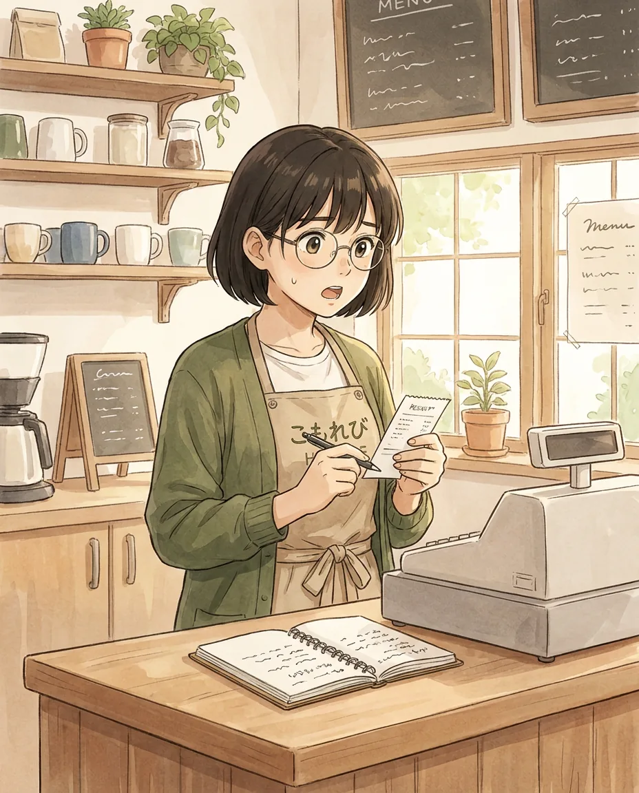 Aki stands at the café counter, tapping her chin thoughtfully as she tries to decide what to order.