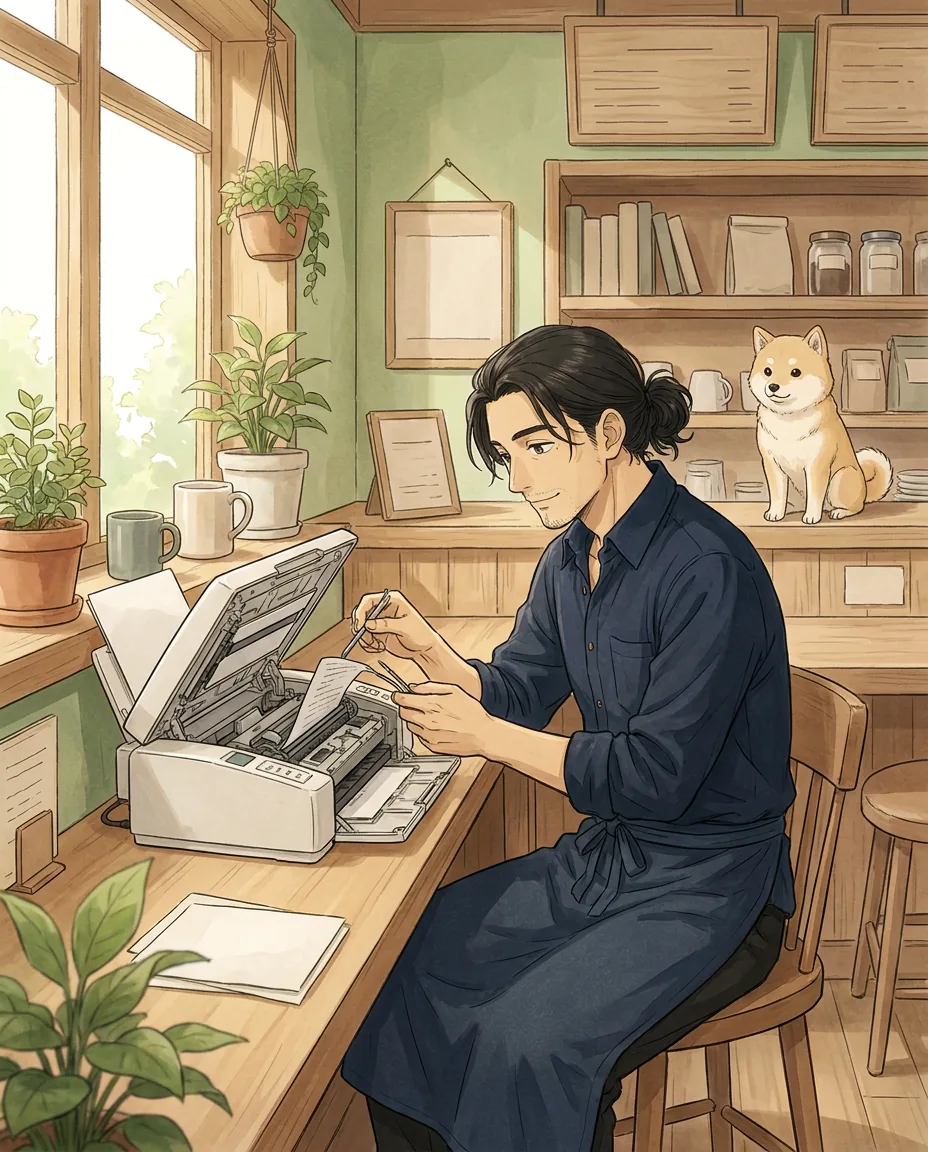Haru has a toolbox open on the floor and is carefully inspecting the back of the café's espresso machine.