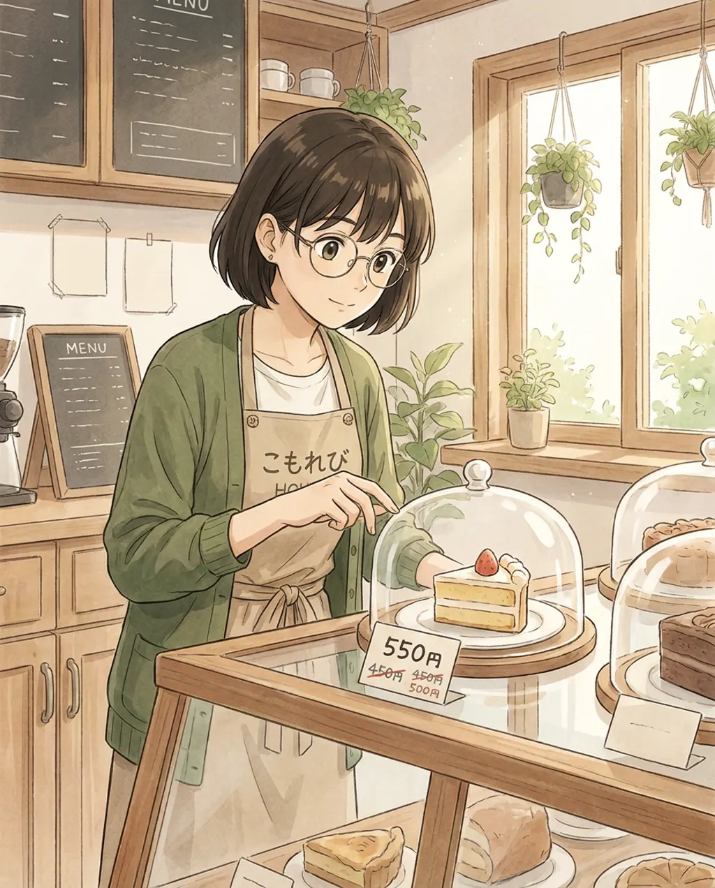 Aki looks at the cake display case in the small café, where the handwritten price tag on the last slice shows faint traces of older numbers.