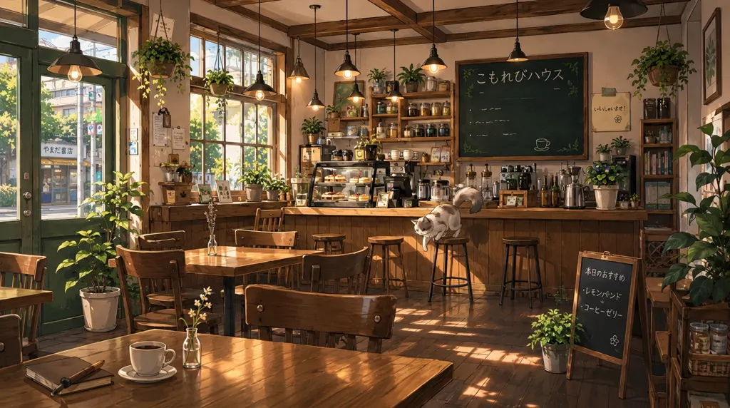 Illustration of Komorebi House café: the room, empty. Mugi moves and the shop is found.