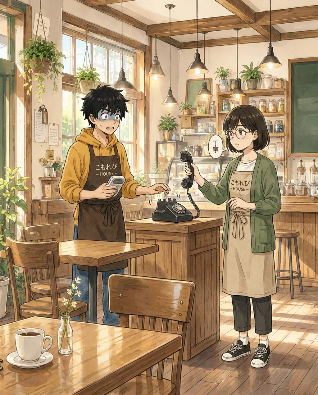 Illustration of Komorebi House café: Aki Mori. The café phone rings and Ren freezes. Aki hands him the receiver and mouths one word: polite.