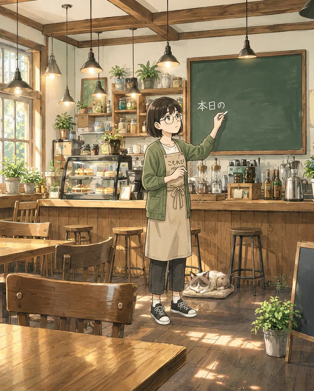 Illustration of Komorebi House café: Aki Mori. The specials board is blank and the morning rush starts in nine minutes. Aki writes the first two syllables and stops, chalk in the air.
