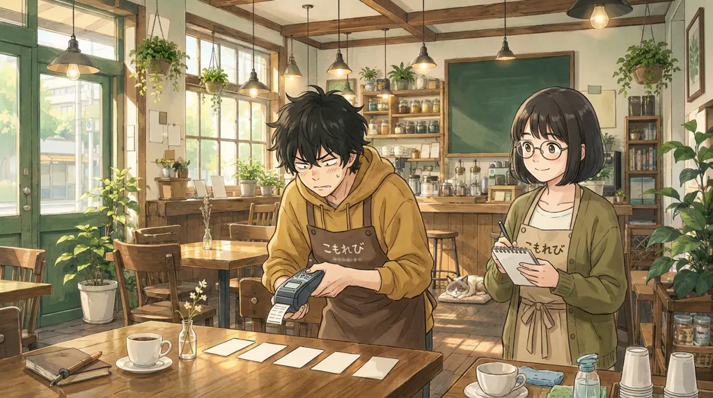 Illustration of Komorebi House café: Ren Nakamura and Aki Mori. Closing time at Komorebi. Ren has lined five paper cards along the counter and is squinting at them like a man reading a map upside down.