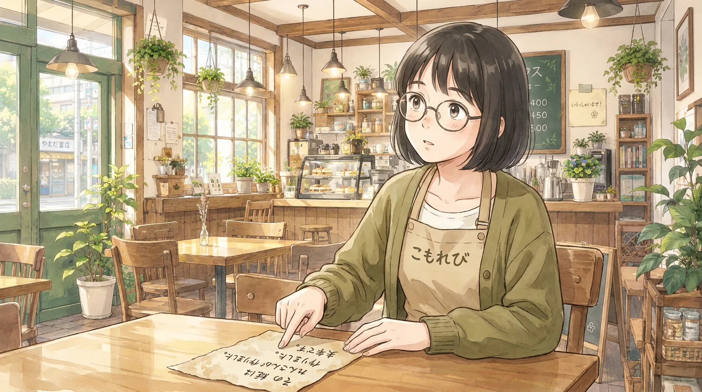 Aki stands in the busy café with a warm, proud smile, looking towards someone who is out of frame.