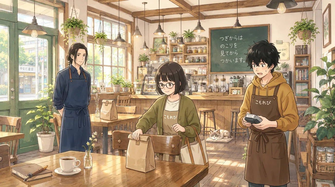 Haru looks relieved as he is handed a new, unopened bag of coffee beans.
