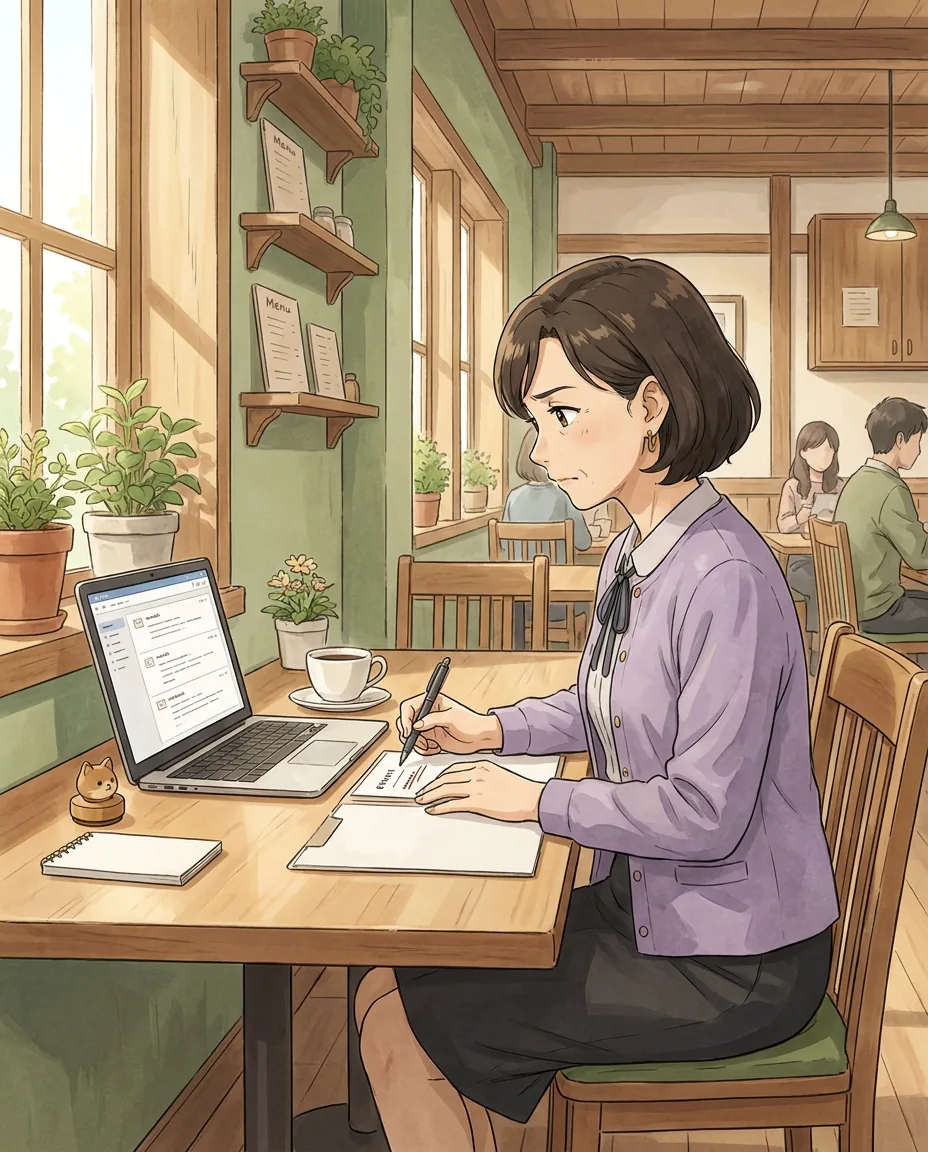 Mr. Sato, looking professional in a collared shirt, reviews some documents at a table in the café.