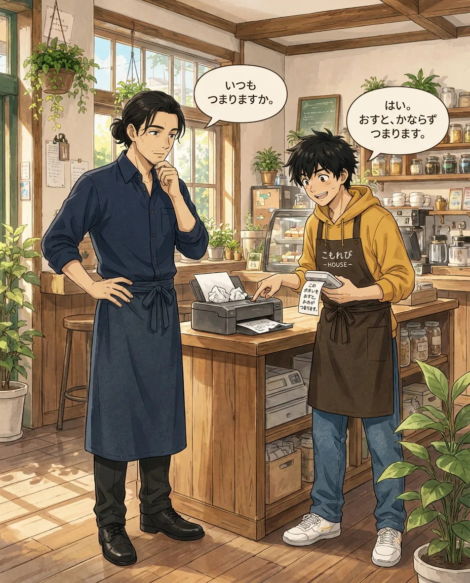 Haru looks frustrated at a jammed printer, while Ren calmly points to a specific button on the machine.